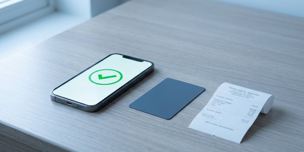Desk with a phone showing a green confirmation tick, a bank card with no markings and a paper receipt, in cool blue light
