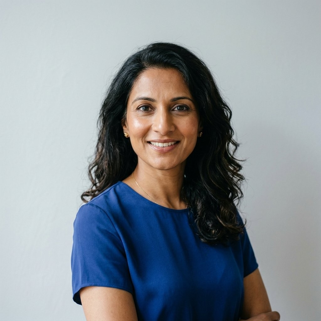 Portrait of Priya Chauhan, a woman in her early forties with long dark hair, wearing a cobalt blue blouse against a pale grey wall